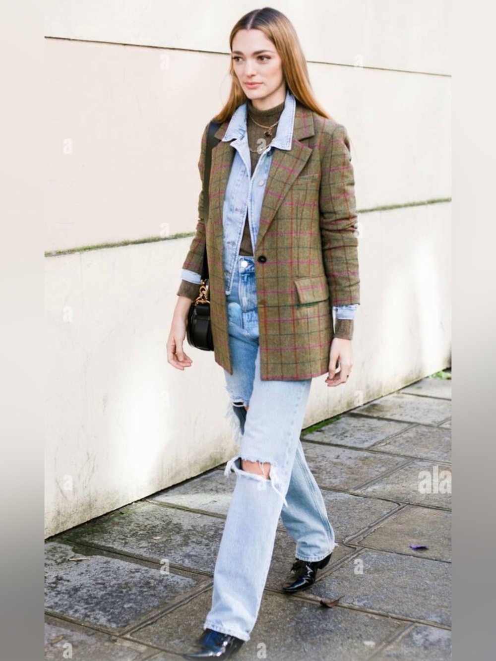 MNG Wool Blazer/Coat Boxy Olive Checked oversized XXS fits S/M PtP 20”